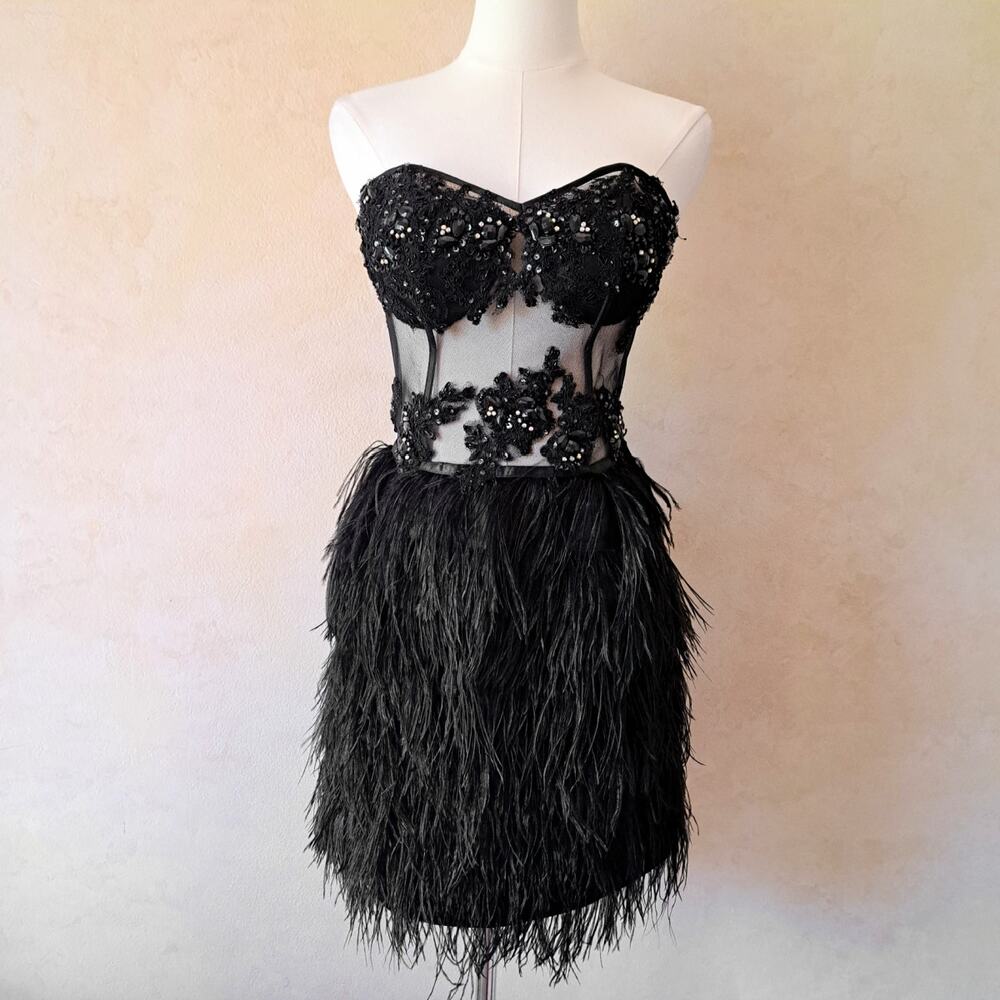 Cinderella Black Feather Corset Mini Dress Strapless Beaded Prom Size 4 Cocktail - Picture 16 of 16